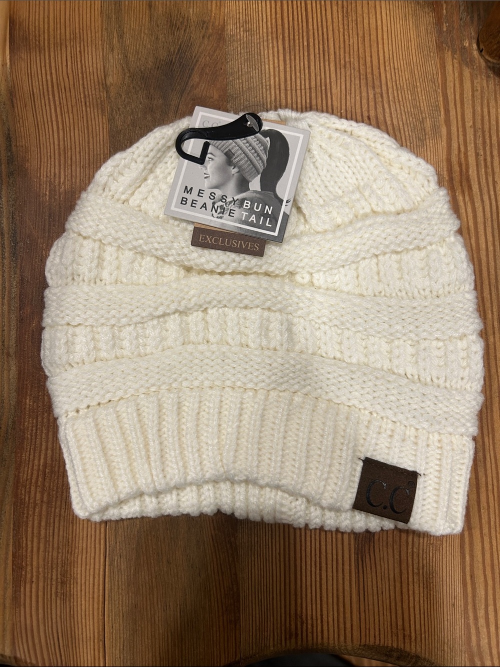 C.C Cream Cable Knit Messy Bun Beanie